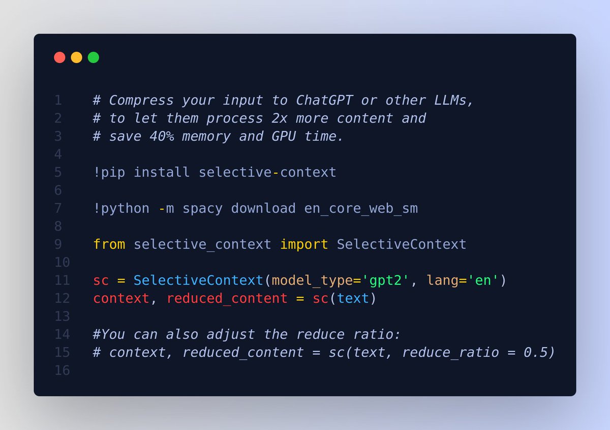 rohanpaul_ai's tweet image. A cool repo - Compress your input to ChatGPT or other LLMs, to let them process 2x more content.

📌 Under the hood, its implementing this paper - &quot;Compressing Context to Enhance Inference Efficiency of Large Language Models&quot;

📌 They key idea revolves around self-information…
