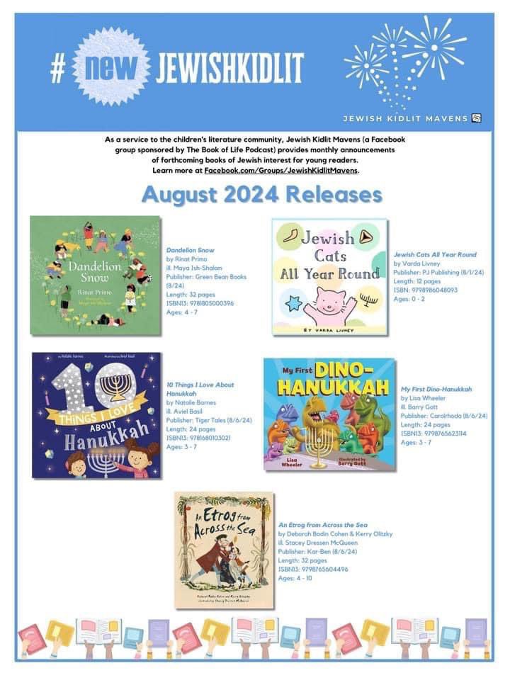 nchurnin's tweet photo. Shalom Aug #jewishkidlit from Rinat Primo Maya Ish-Shalom @GreenBeanBks @vardaart @PJLibrary Natalie Barnes Aviel Basil @tigertalesbooks Deborah Bodin Cohen Kerry Olitzky Stacey Dressen McQueen @KarBenPub @LernerBooks @LisaWheelerBook @barrygott @CarolrhodaLab Thx, @snockowitz https://t.co/Ma1e4RZ9Al