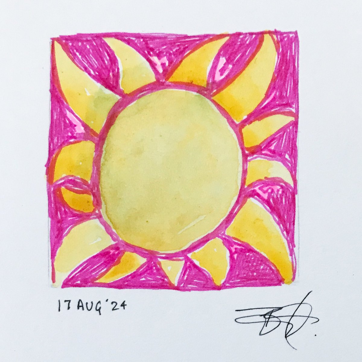 Not sure the layer of green was the best idea as a starting place, but it’s still a sun, right? Still honoring the work of <a href="/OutruntheSunInc/">Outrun the Sun</a> this month. #art #dailyart #dailypainting #ink #acrylic #create #handmade #originalart #letterstomymother #watercolor