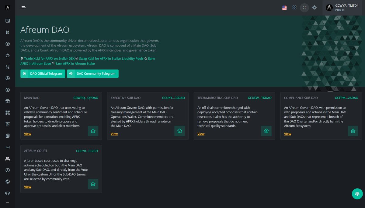 Afreum_Founder's tweet image. #Afreum DAO 2.0 Beta just dropped. Exactly as promised. Unleash the power of community, and our governance token AFRX, to chart the future development path of the Afreum Ecosystem. Connect #Lobstr or #Freighter to Afreum.com, then hit DAO, in the main menu.