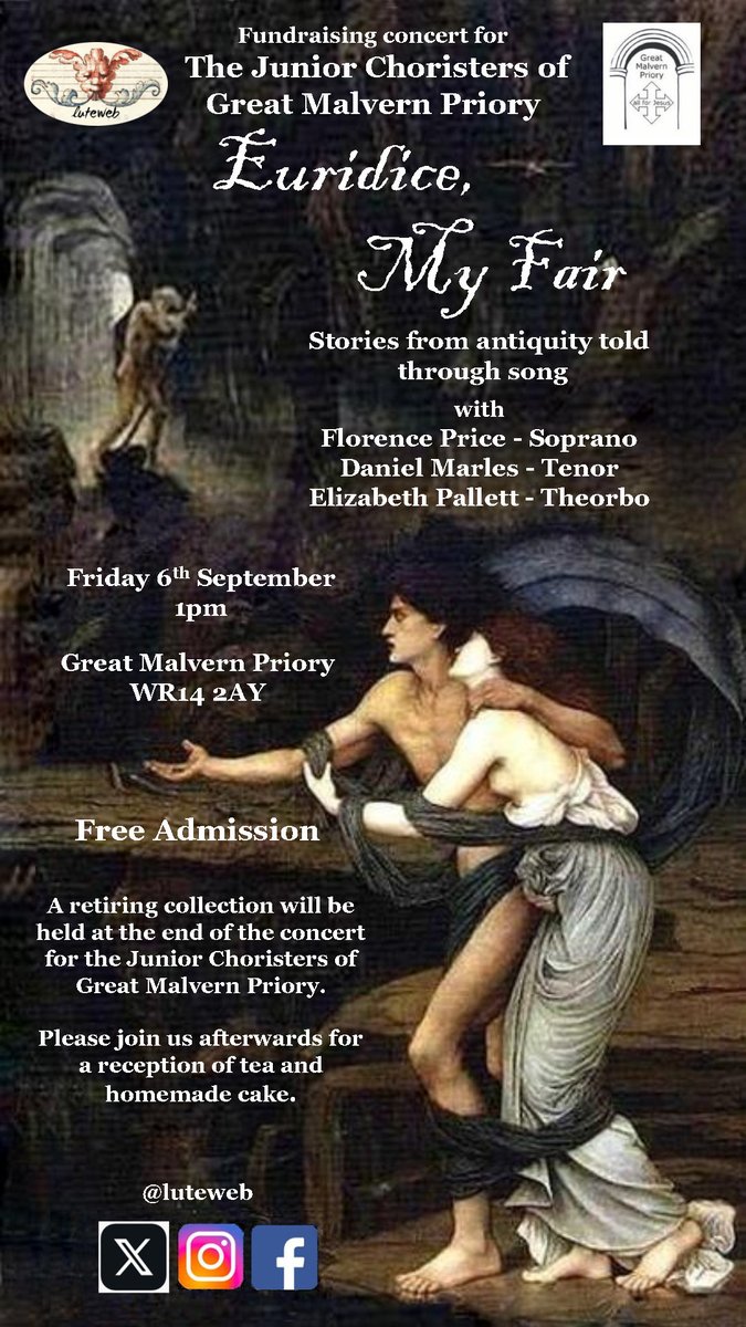 Super excited to be doing this concert with Daniel Marles (tenor) and Elizabeth Pallett (lute). We will be performing a selection of 17th century English songs recounting stories from Ancient Greece to raise funds for the Junior Choristers of Great Malvern Priory!
Don't miss it!