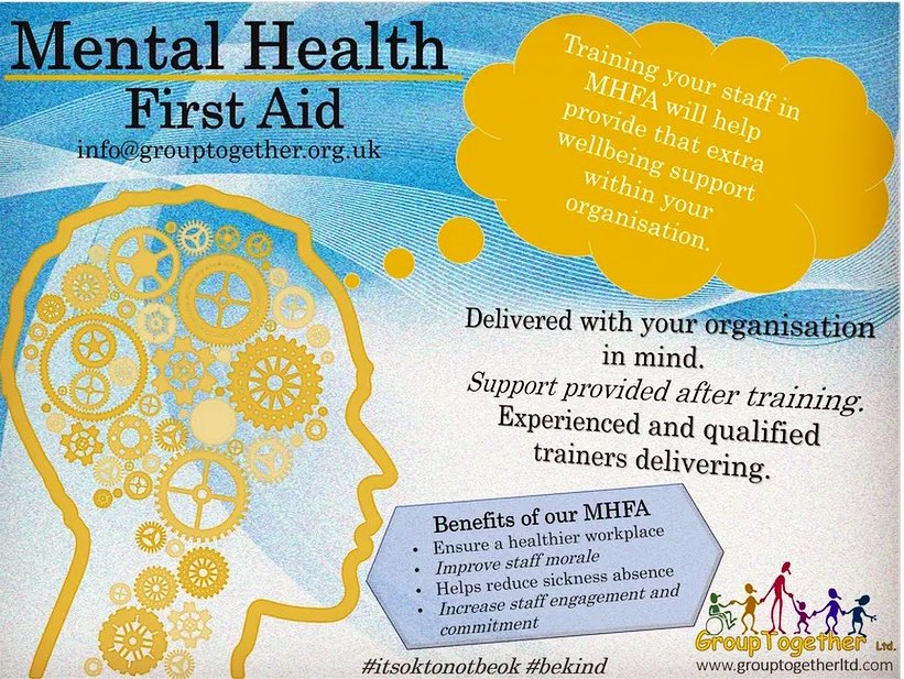 🧩Mental Health First Aid Training…

Did you know it’s okay not to be okay? Did you know Health and Safety at work act, includes staff wellbeing? 

Any enquiries:
📧info@grouptogether.org.uk
🌍GroupTogetherLtd.com

**Proud to have been working with, for you, since 2012**