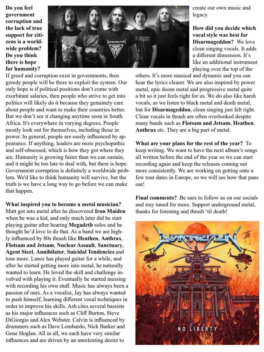 Disarmageddon's tweet photo. Interview from issue 47 of Transcending the Mundane 

#thrashmetal #thrash #metal #heavymetal #southafricanmetal #disarmageddon #noliberty https://t.co/eCMdQg8mUD
