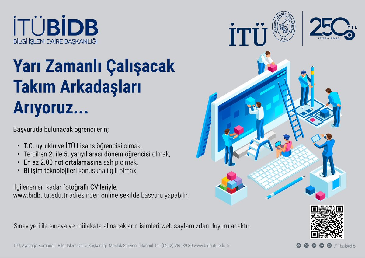 itubidb's tweet image. 📣 İTÜ Bilgi İşlem’de Yarı Zamanlı Çalışacak Takım Arkadaşları Arıyoruz  #itu1773 #itu #itubidb
@itu1773 @ProfHasanMandal  @RadyoITU @LibraryITU
bidb.itu.edu.tr