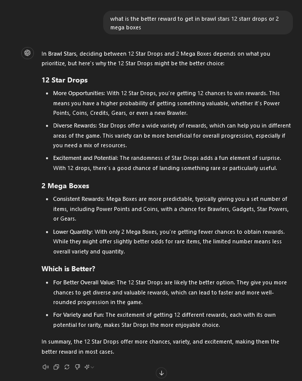 Bbgy15847310's tweet photo. 12 starr drops is by far the better choice out of those 2 option it offers on average more coins and from my experience it gives you more characters ,if you dont agree with me i've also asked chatgpt which one is the option and it agreed with me #BrawlStars
#boxsvsdrops https://t.co/GKdRFtoMPj