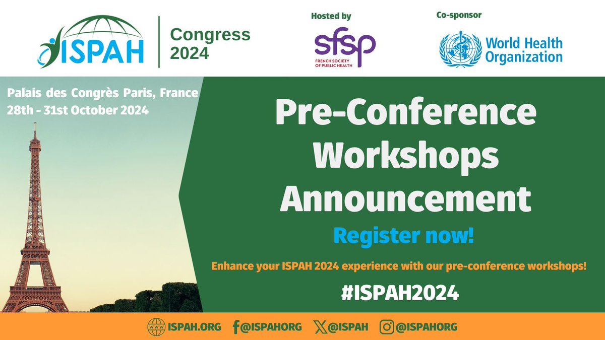 ISPAH (@ispah) on Twitter photo 📣 Announcing the #ISPAH2024 workshops!
🌟 Over the coming weeks, we will introduce each of the 12 exciting sessions being offered.
Secure tickets when registering for the congress or via your congress dashboard once registered 👉 buff.ly/4cdoePs
<a href="/SFSPasso/">Société Française de Santé Publique</a> <a href="/WHO/">World Health Organization (WHO)</a> 📣 Announcing the #ISPAH2024 workshops!
🌟 Over the coming weeks, we will introduce each of the 12 exciting sessions being offered.
Secure tickets when registering for the congress or via your congress dashboard once registered 👉 buff.ly/4cdoePs
<a href="/SFSPasso/">Société Française de Santé Publique</a> <a href="/WHO/">World Health Organization (WHO)</a>