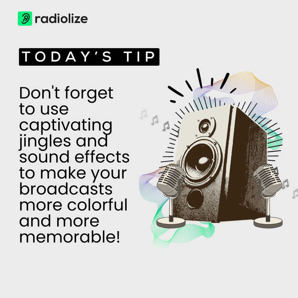 _radiolize's tweet image. ✨🎵 Don&apos;t forget to add creative jingles and sound effects to make your broadcasts more remarkable and memorable! Impress your listeners and make every broadcast unforgettable. 🌈 📡 

#broadcastingtips #sounddesign #jingles #audioeffects #todaystip #radio #Soundscapes