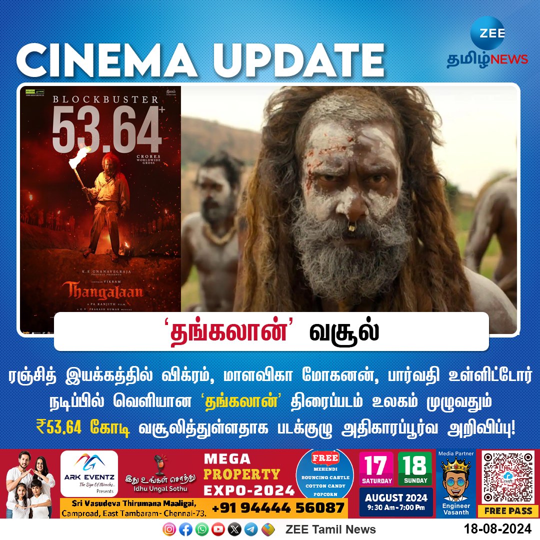 ZeeTamilNews's tweet photo. #CinemaUpdate | ‘தங்கலான்’ வசூல்
#Thangalaan | #Vikarm | @chiyaan | @beemji | @gvprakash | #ZeeTamilNews https://t.co/km03wG82M4