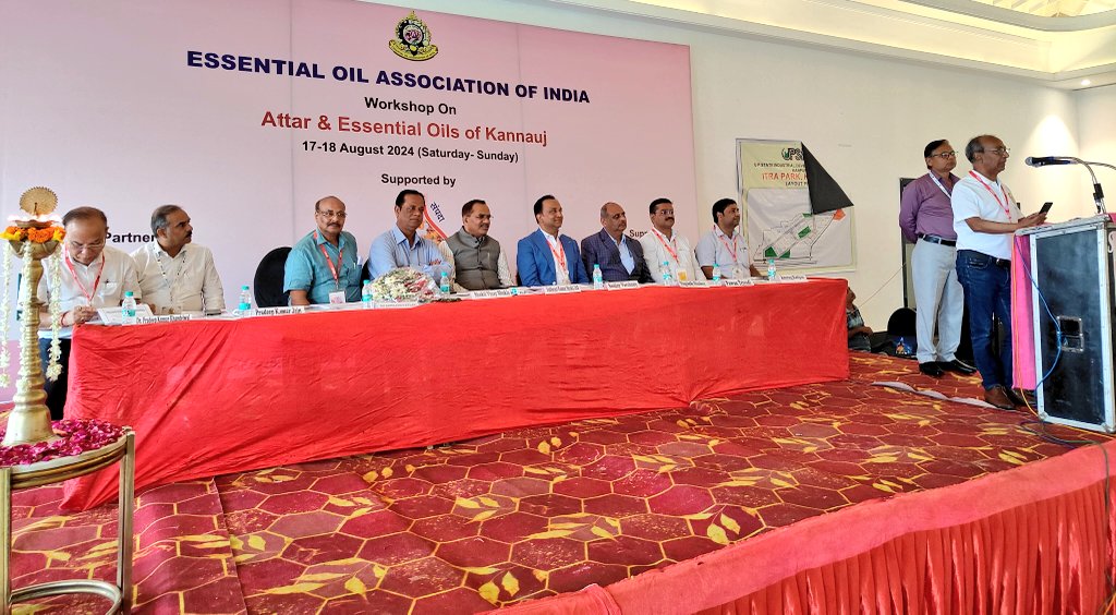 _InvestUP's tweet photo. The Essential Oil Association of India (#EOAI) organized a workshop on ‘Attar and Essential Oils of Kannauj’ on 18th August 2024, at My Heritage Hotel, #Kannauj. The workshop aimed to attract #investors to the attar and essential oil industry, promote local #manufacturers, and elevate their products to #globalbrand status. Additionally, the event emphasized the significant role this industry plays in contributing to #UttarPradesh's goal of becoming a $1 trillion economy.