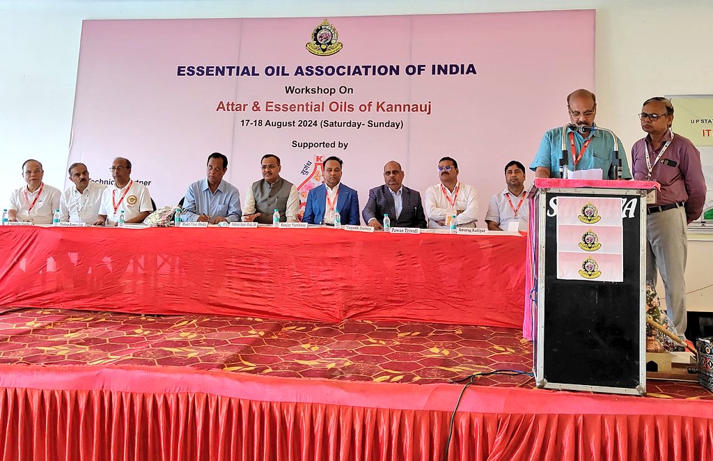 _InvestUP's tweet photo. The Essential Oil Association of India (#EOAI) organized a workshop on ‘Attar and Essential Oils of Kannauj’ on 18th August 2024, at My Heritage Hotel, #Kannauj. The workshop aimed to attract #investors to the attar and essential oil industry, promote local #manufacturers, and elevate their products to #globalbrand status. Additionally, the event emphasized the significant role this industry plays in contributing to #UttarPradesh's goal of becoming a $1 trillion economy.