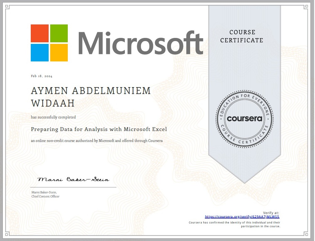 AymenABOAsseel's tweet photo. 💡شهادة كورس التحليل بالأكسل #Excel ضمن كورس تحليل البيانات  عبر برنامج Microsoft #powerbi  من منصة كورسيرا🖥️

🕒عدد الساعات: 19 ساعة

🔤محتوى الكورس:
 تهيئة البيانات وتنظيفها وترتيبها لتحليلها عبر الاكسل والتعامل مع الخلايا وأهم الدوال المستخدمة فيه.

#تحليل_البيانات
#dataisOil https://t.co/S970ZKU6gX
