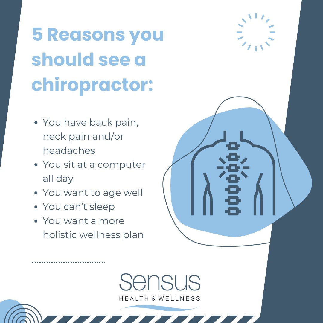SensusHealthSW6's tweet image. Thinking about seeing a chiropractor? Here are 5 compelling reasons to take the leap:

🌟 Persistent back pain, neck pain, or headaches
💻 Spending long hours at a computer
🌿 Aiming to age gracefully
😴 Struggling with sleep issues
🧘‍♂️ Seeking a holistic approach to wellness