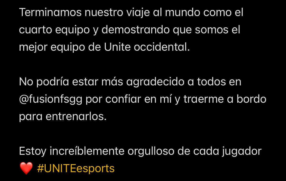 We end our World’s Journey as the 4th Place team &amp; the best performing western Unite team. 

I could not be more grateful to everybody at <a href="/fusionfsgg/">FUSION</a> for trusting in me &amp; bringing me on board to coach. 

I am so incredibly proud of each player 🇵🇪❤️ #UNITEesports #PokemonWorlds