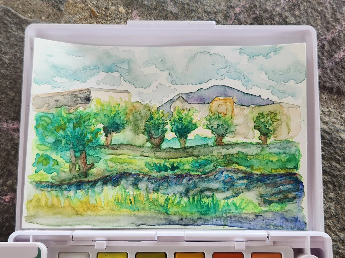 I got this cute little portable watercolor set. It's planned really well and sitting in 100-degree heat and painting the Kamo River is actually doable.
