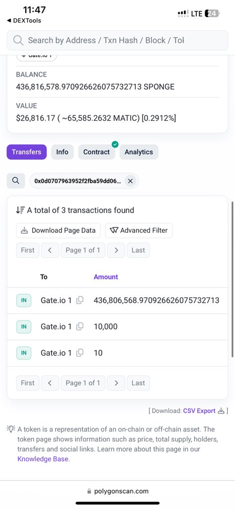 Hace 40 horas el equipo transfirió 436 millones de tokens $Sponge a Gate.io, pueden comprobarlo en polygonscan.com, en la sección Holders de tokens $Sponge verán a Gate.io y Mexc, atentos, algo se puede estar cocinando