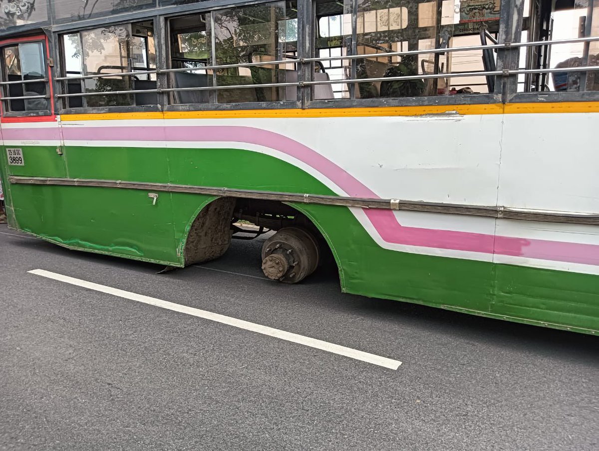 KTRBRS's tweet photo. State of Telangana RTC 👇

170 people board a bus that was supposed to be for 50 people. A Nirmal Depot bus was carrying 170 people when two rear tires of the bus blew out at Morapelli

It’s truly pure luck that no one was hurt in this accident & a potential disaster was averted. My question to the Govt is, why are you toying with lives of innocent citizens ?

✳️ When are you planning on increasing number of buses?

✳️ Is there any safety protocol that is followed when it comes to limiting number of passengers? 

✳️ How are you compensating the overworked Drivers & conductors?