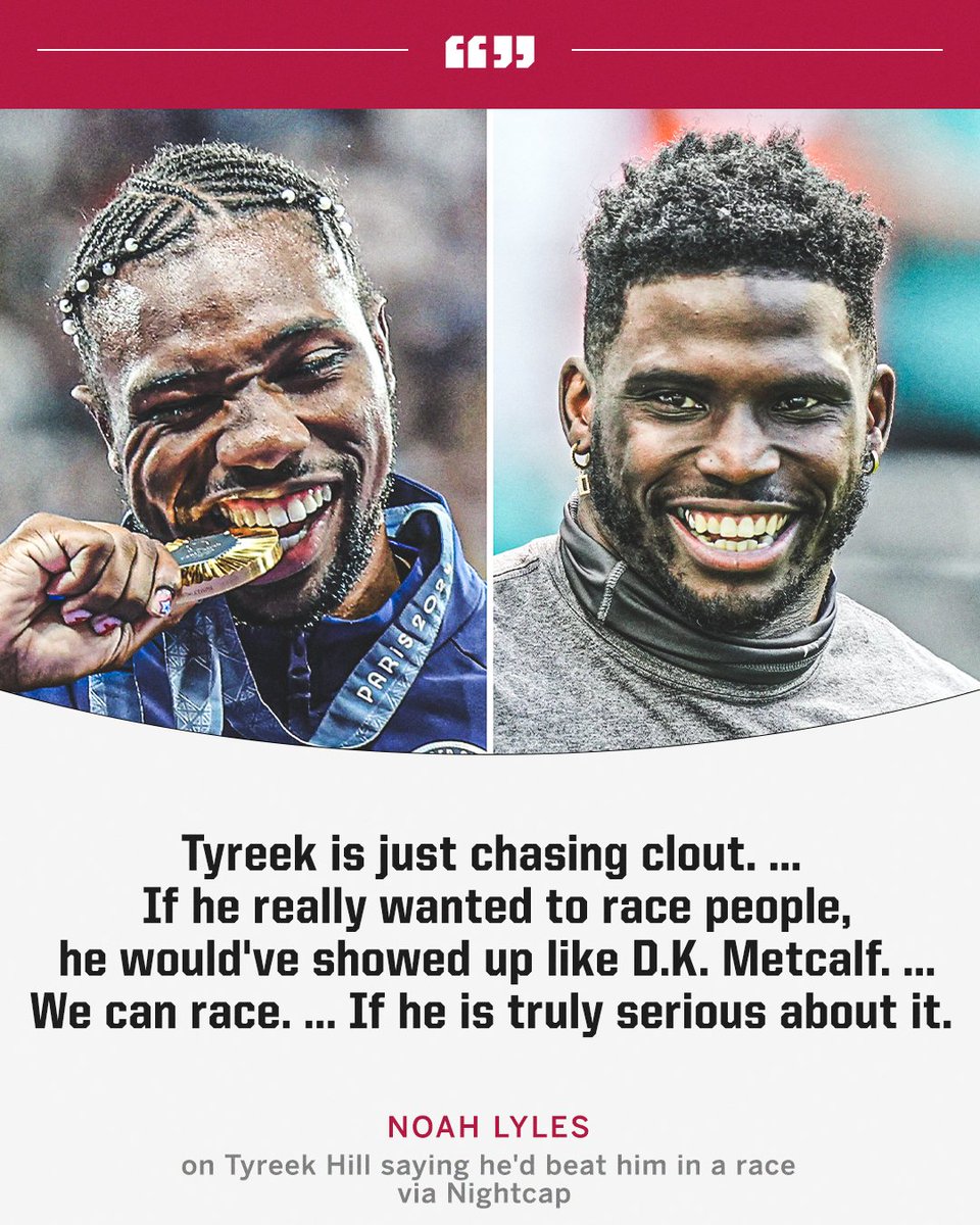 SportsCenter's tweet image. Noah Lyles responded to Tyreek Hill's comments about how he would beat him in a race 👀