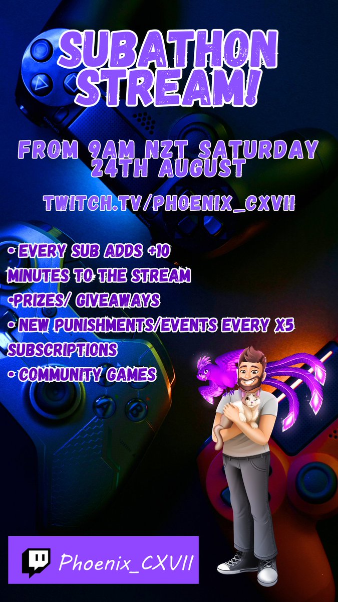 I am SUPER excited to announce that this coming weekend from 9am NZT I'll be running a Subathon! The entire stream will be based around community games with PLENTY of goals/ punishments! I can't wait to see you all there! twitch.tv/phoenix_cxvii #twitch #subathon #funny