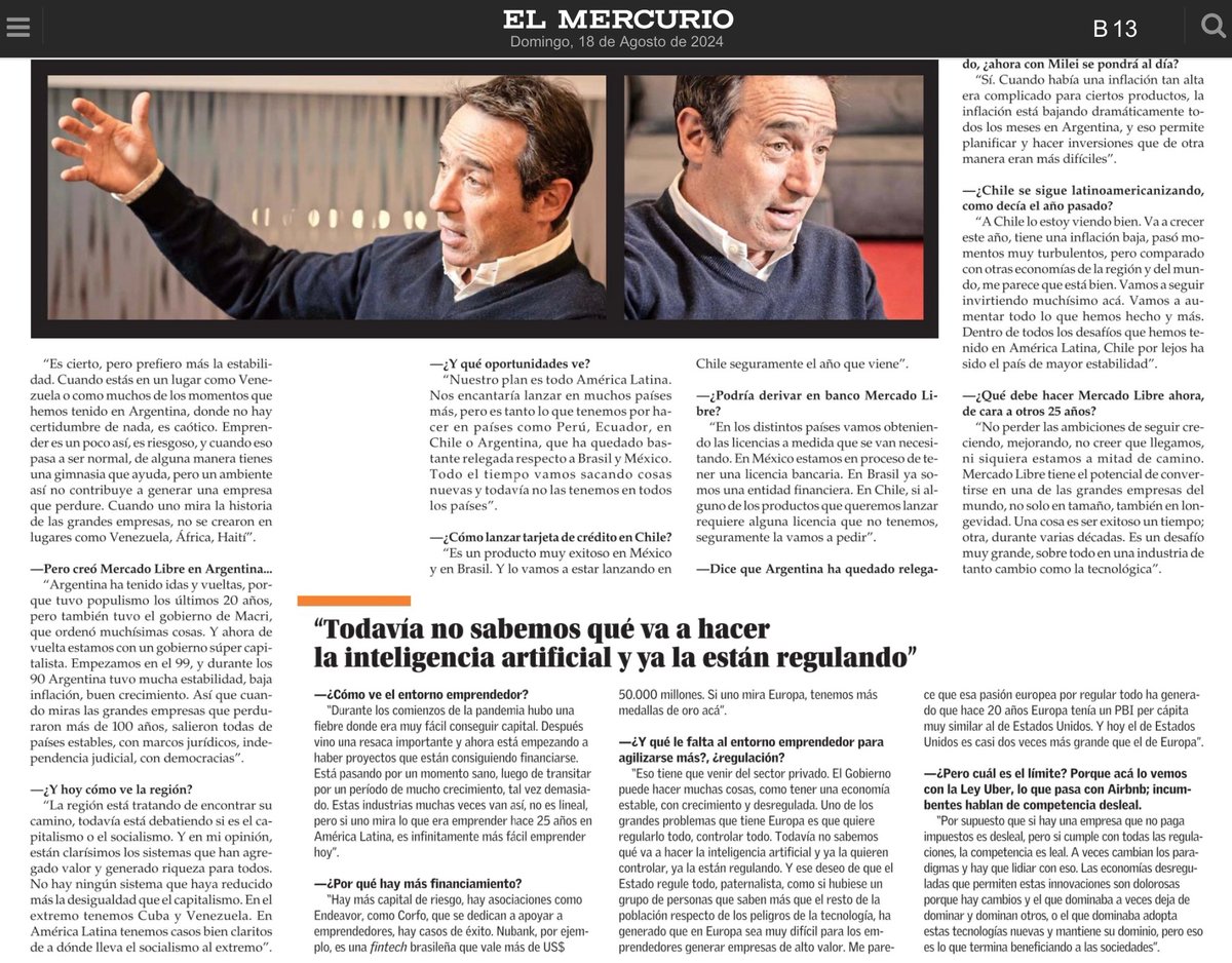 Muy recomendable entrevista a @Marcos_Gaperin en @ElMercurio_cl al cumplirse 25 años del nacimiento de @MercadoLibre.
👉🏼digital.elmercurio.com/2024/08/18/B/H…