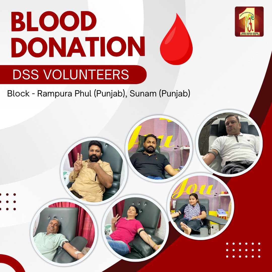 DSSNewsUpdates's tweet photo. "A single drop of blood can be a lifeline." 
Dera Sacha Sauda volunteers have exemplified this powerful truth by selflessly donating blood for those in need. Inspired by the teachings of Saint MSG Insan, their compassionate act is a testament to the human spirit. Let's honor their dedication by rolling up our sleeves and becoming donors. #BloodDonation #DeraSachaSauda #Lifesaver