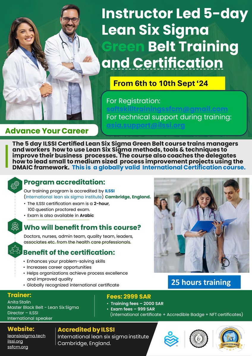 SSFCM_org's tweet photo. Calling all healthcare providers passionate about quality improvement

Elevate your skills with our online Lean Six Sigma Green Belt course

Join us in our mission to enhance patient care and streamline processes

 for registration:

softskilltrainingssfcm@gmail.com https://t.co/XqyUMHZjqy