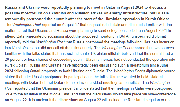 TheStudyofWar's tweet image. Russia is almost certainly only considering a possible moratorium on energy strikes due to Ukraine's months-long strike campaign against Russian oil refineries — demonstrating a secondary effect of Ukraine's strike campaign. 🧵(1/7)

1/ Russia and Ukraine were reportedly planning…