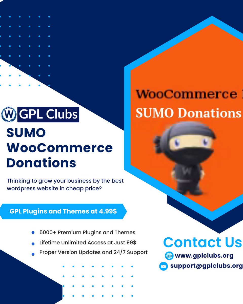 GplClubs's tweet photo. 🌐 SUMO WooCommerce Donations at just 4.99$👍👍

🏆 Buy from here :https://t.co/oXSNvMAT0e

🌏 Our website - https://t.co/IsfXLAdxUF
   Email us : support@gplclubs.org

#wordpressplugins 
#gplplugin  
#gplthemesandplugins
#WordPressPlugin 
#GPLPlugins
#SUMOWooCommerceDonations https://t.co/uVtBksRWdX