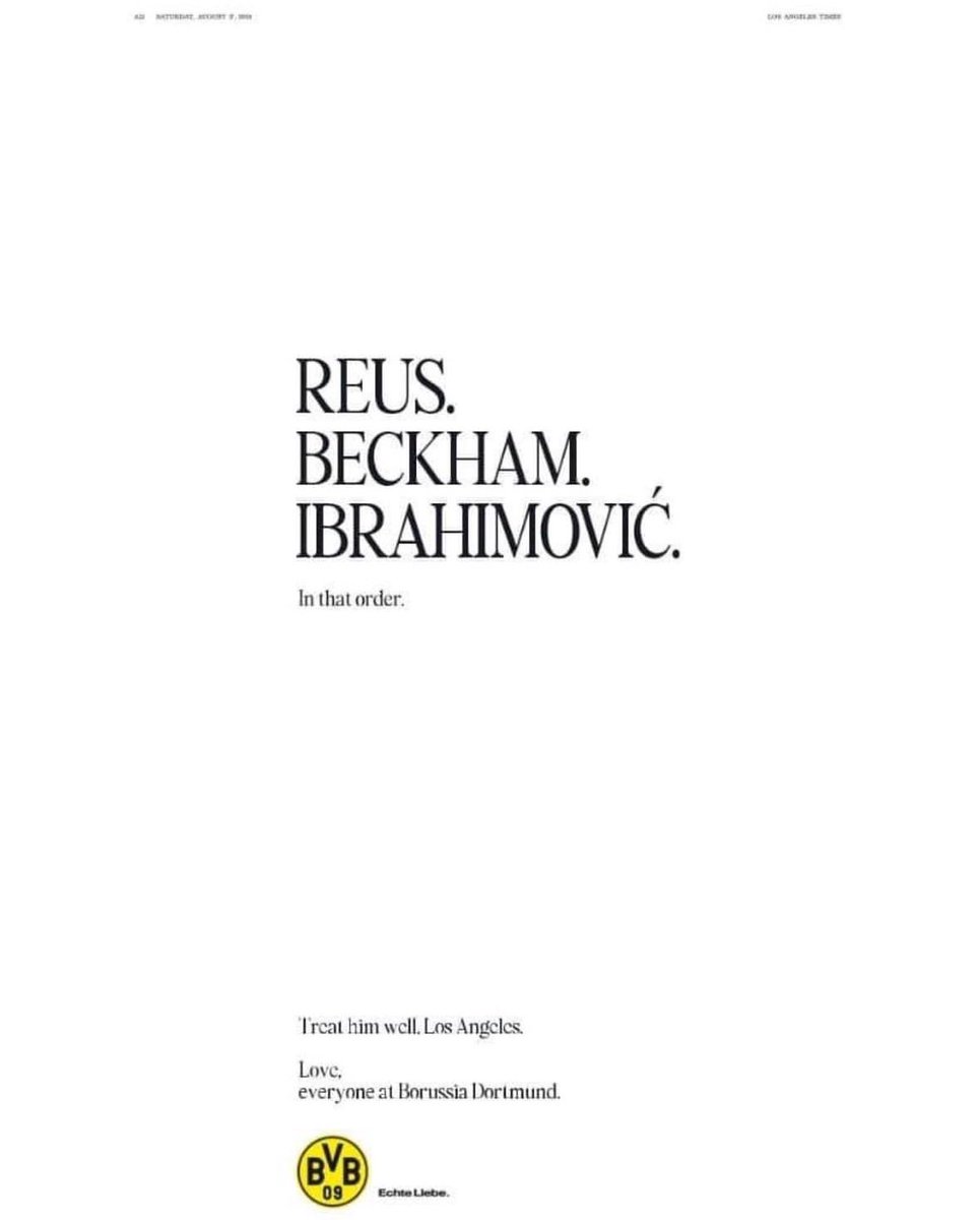#BVB placed a full page ad in the LA Times to celebrate Marco Reus’ arrival at the #LAGalaxy!

Well played 👏