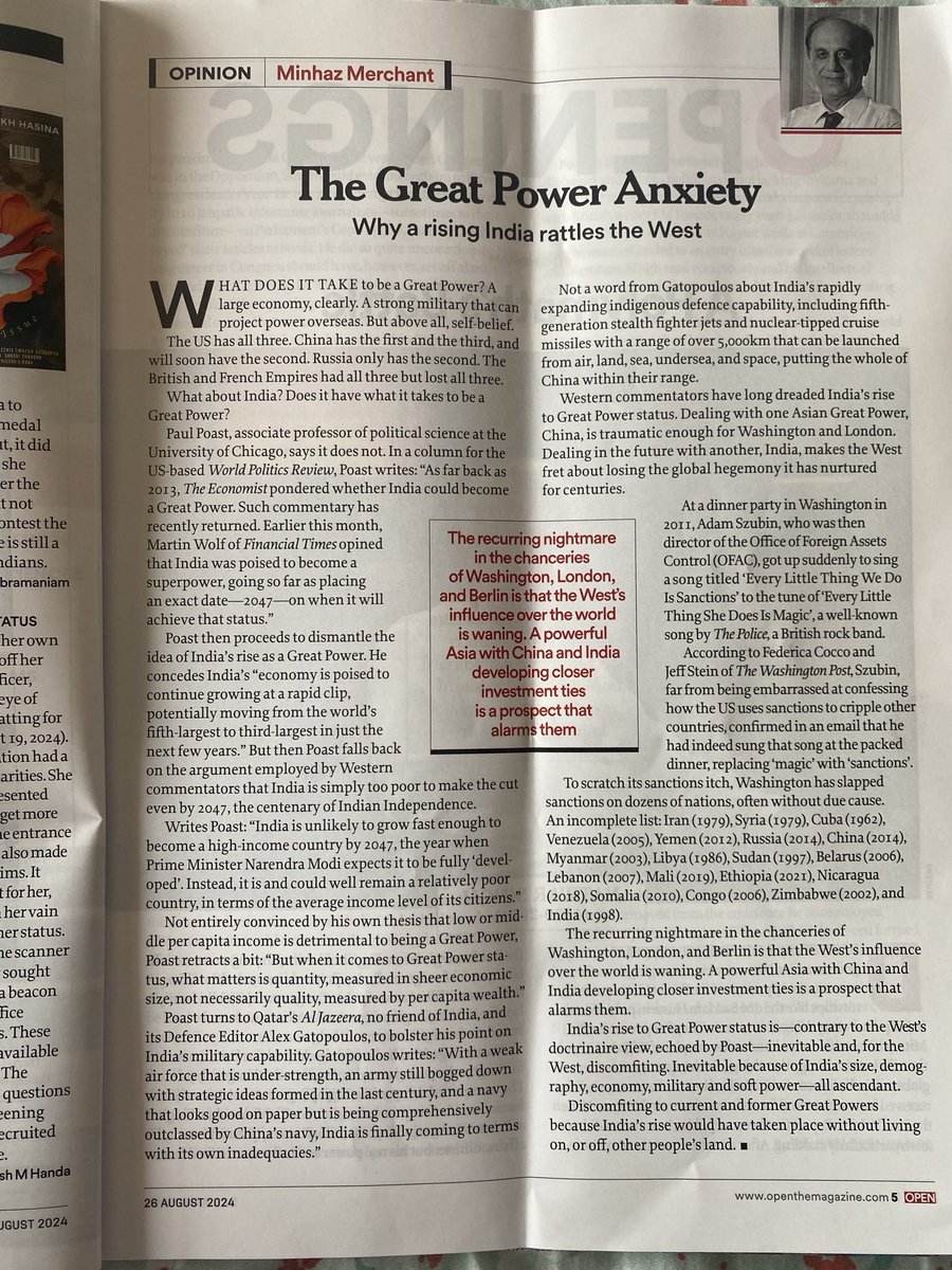 MinhazMerchant's tweet photo. Does India have it in her to be a Great Power? The ingredients necessary: a large economy, strong military &amp; self-belief. The first 2 will soon be in place . But the third? 

My @Openthemag column https://t.co/dr0Qqjn264