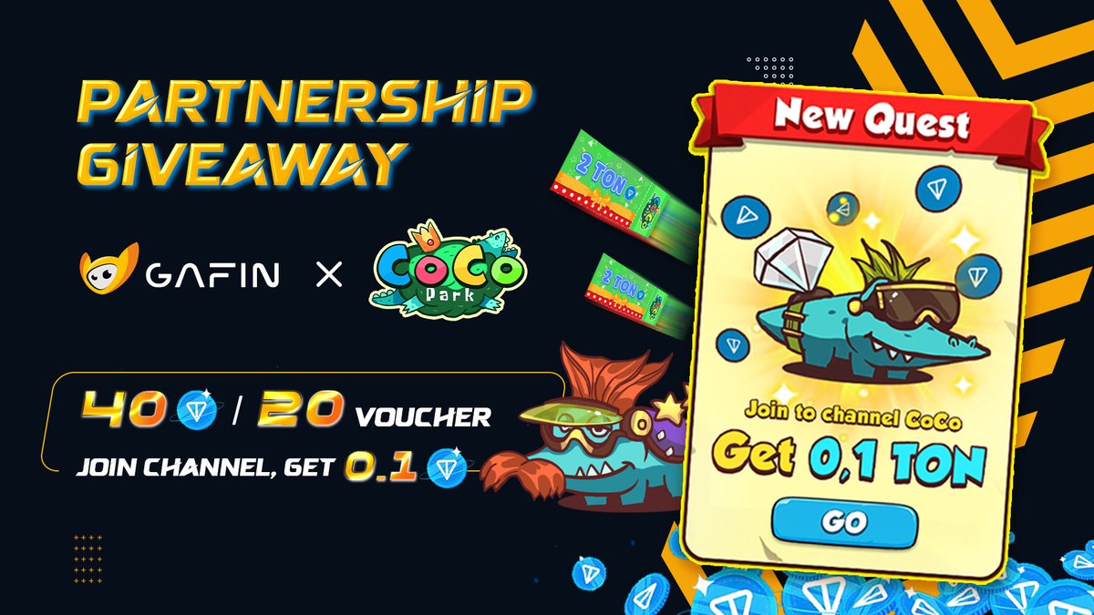 Gafin_io's tweet photo. 💥 GaFin 🤝 @cocopark_io Giveaway: 40 TON in 20 Vouchers & Join Channel Hunt 0.1 TON

🐊 Our Incubated Partner - @cocopark_io has a gift of 0.1 TON increase and 40 TON worth of 20 Vouchers for the community. Join the event to receive valuable Vouchers immediately 🌟

🎁 Special Offer: Join the CoCo Park Telegram Channel now and instantly receive 0.1 TON, claimable through the Miniapp https://t.co/tKp1CowO3A

🎁 How to win 20 Voucher - 20 lucky winners:
➡️ Subscribe to the CoCo Park channel: https://t.co/vWHQZ3Osuo
➡️ Play the game: https://t.co/tKp1CowO3A
➡️ Like, RT this post and tag 3 friends 

❗️ Voucher utilities:
- 40% discount when buying Premium Eggs
- 1 Voucher worth 2 $TON
- Vouchers will be given to users in the form of Code

⏰ Winners will be announced in 24 hours! Don't miss your chance!