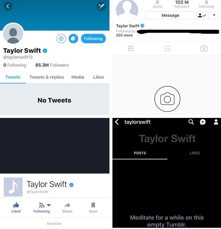 PopBase's tweet photo. 7 years ago, Taylor Swift blacked out her social media to begin her comeback with ‘reputation.’ https://t.co/6XnG7o2Zb0