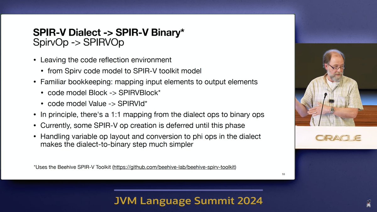 Steve Dohrmann talking about GPU translation of Java code using SPIRV and Level Zero as a PoC for the OpenJDK #Babylon and HAT projects. 
it is great to see that some of the technology we implemented for TornadoVM can be used for projects like this 🚀