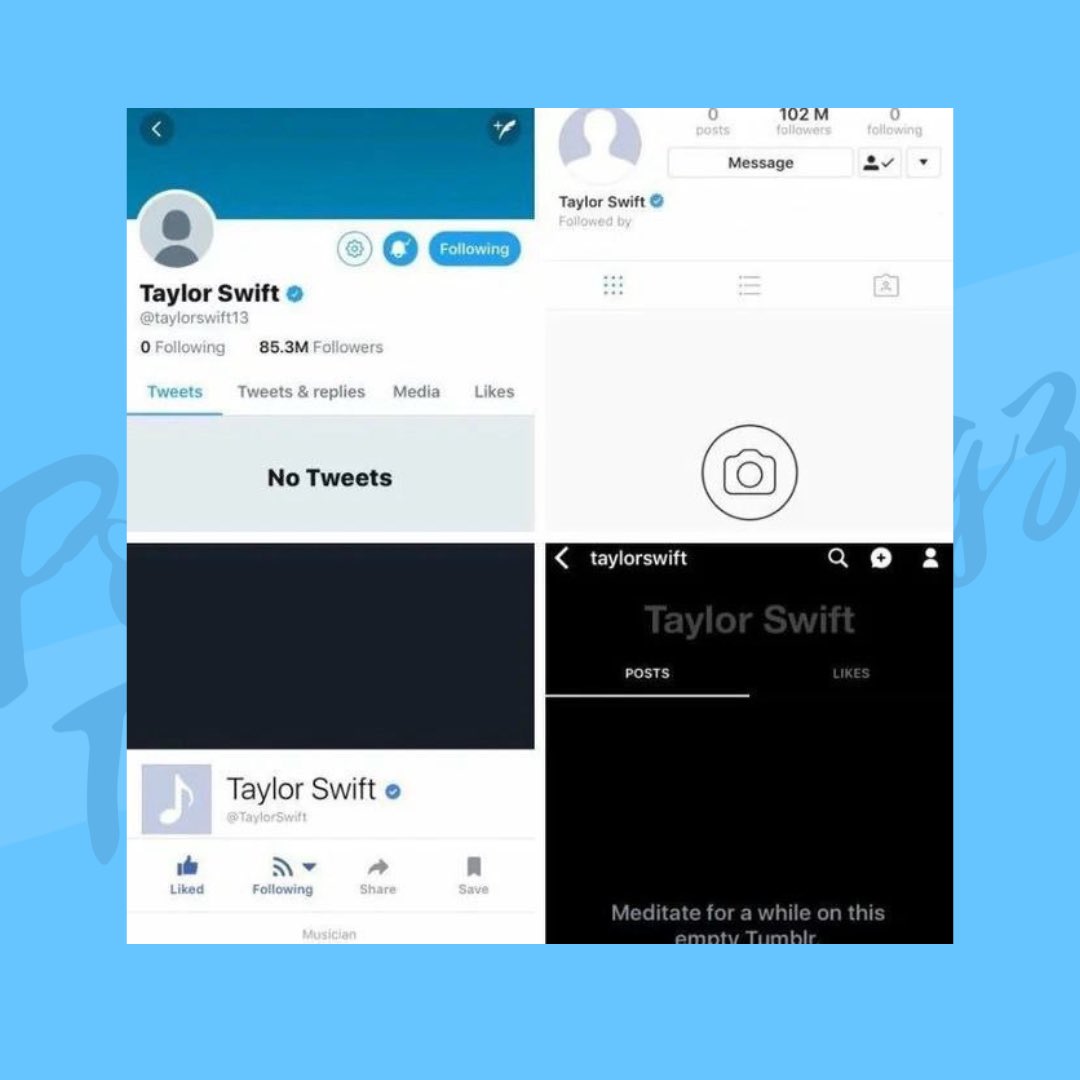 PopTingz's tweet photo. 7 years ago, Taylor Swift unfollowed everyone, deleted everything from her social media, entered 'Blackout' and began the great “reputation” era. https://t.co/CMb9IrQIaZ
