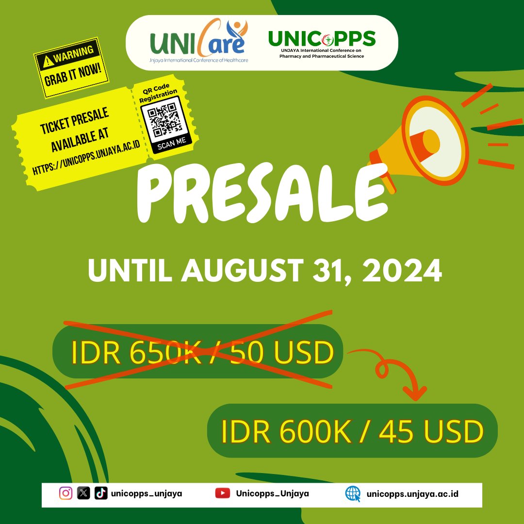unicopps_unjaya's tweet photo. ✨ PRESALE REGISTRATION✨

Presale registration is now open for The First UNJAYA International Conference on Pharmacy and Pharmaceutical Science (UNICoPPS) 2024!

PRESALE
IDR 650K/50 USD ❌  
IDR 600K/45 USD ✅  
Until August 31, 2024 https://t.co/of3ASPWQnZ