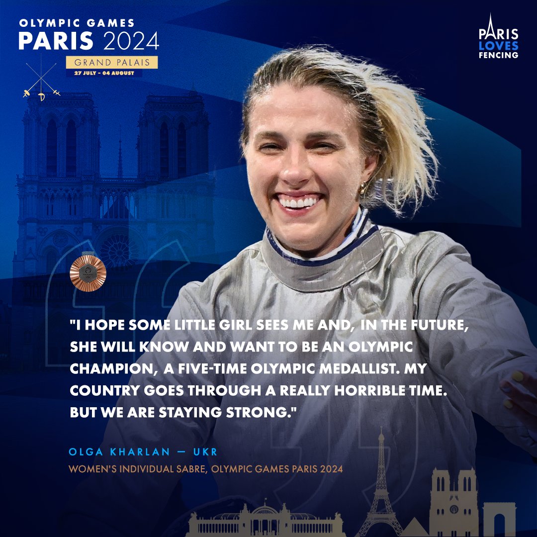 FIE_fencing's tweet photo. Echoes of #Paris2024

Olga Kharlan🇺🇦 claimed her fifth Olympic medal in the women’s individual #sabre event at the Grand Palais.🥉 From Beijing 2008 to #Paris2024, what an incredible journey! 👏 

@Paris2024 @Olympics 
#olympics #olympicgames #olympicfencing https://t.co/zvOv1sMiQN