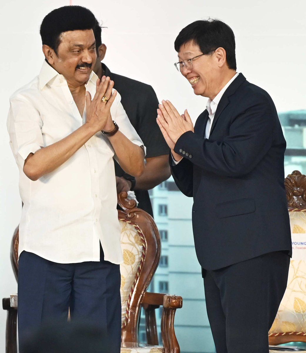 Chief Minister M.K. Stalin with Dr. Young Liu, Chairman Foxconn, inaugurated the exclusive housing complex for 18,720 women workers of Foxconn at a cost of Rs.706.50 Crores at Vallam Vadagal Industrial Park, Sriperumbudur, in Kancheepuram.On Saturday.
