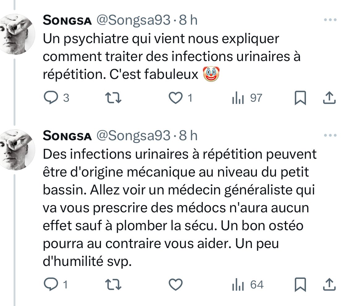 Hugo_Baup's tweet photo. Eh oui.

Un psychiatre est médecin et sait que l’ostéopathie n’a rien à faire avec le traitement des cystites à répétition.

Un psychiatre doit savoir éliminer des problèmes de santé physique chez les gens avant d’évoquer des causes psy.

Un psychiatre n’est pas un clown 🤡 https://t.co/ur3aOCZeAe