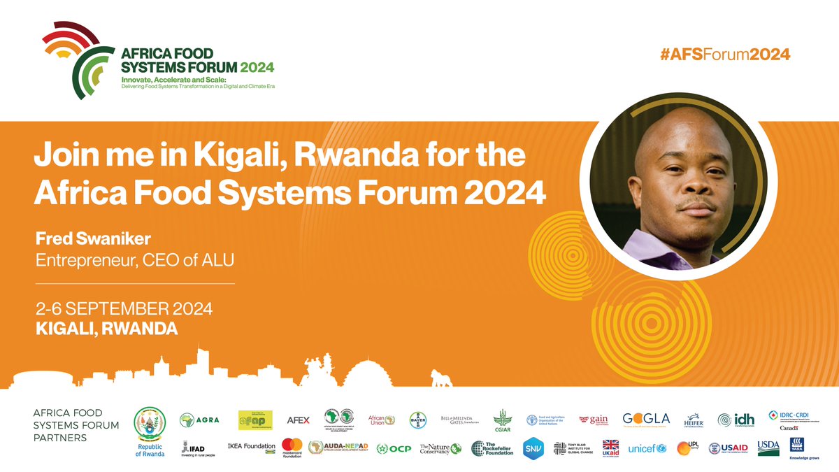 Join us for the Africa Food Systems Forum 2024 from September 2 - 6 in Kigali, Rwanda.  

This year's theme is Innovate, Accelerate and Scale:
Delivering Food Systems Transformation in a Digital and Climate Era. 

#AFSForum2024 

Register 👉 agrf-inperson.com/?v=20
