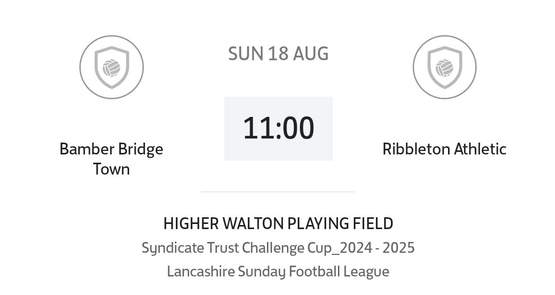 Match for the boys in blue 

We head over to higher walton to face <a href="/BamberBTownFC/">Bamber Bridge Town FC</a>  in the STCC The lads have had a solid pre season and now ready for a positive season 

Come show some support to the boys in blue 

Even your voice matters 🔊 💙⚽️
UTFR

⏰️11am ko