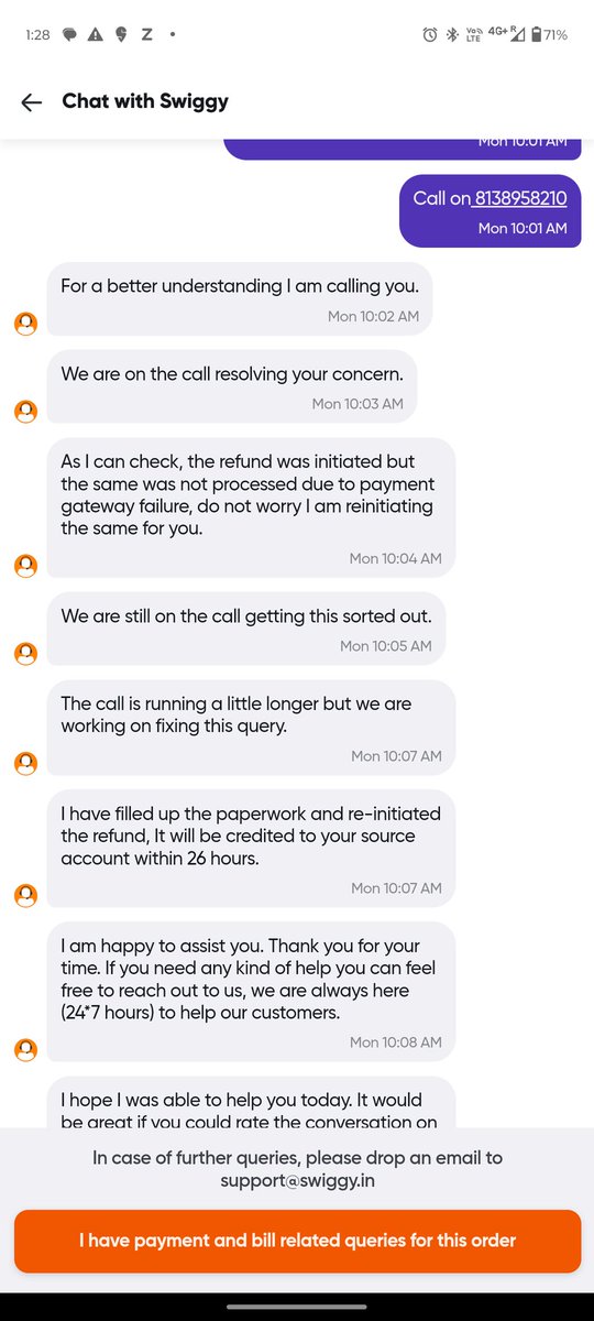 ap0rv's tweet photo. @SwiggyCares @rohitisb 27th July a refund was initiated by swiggy after the restaurant cancelled the order, it's still not credited in my account, 20+ days of waiting 24-48 hours countless customer support chats and emails, no resolution, wonder if this is a new scam? https://t.co/iWFTXt9EW3