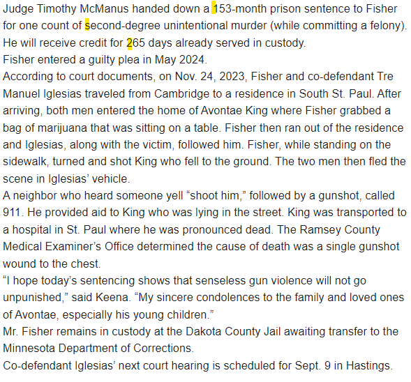 CrimeWatchMpls's tweet image. 2/
Andrew Michael Fisher of Cambridge was sentenced last week to just over 12 years in prison for the death of 26-year-old Avontae Troy King over marijuana last year.

#MNmath: 12.75 years = 8.5 years less 265 days already served.
Expected release date: May 2032