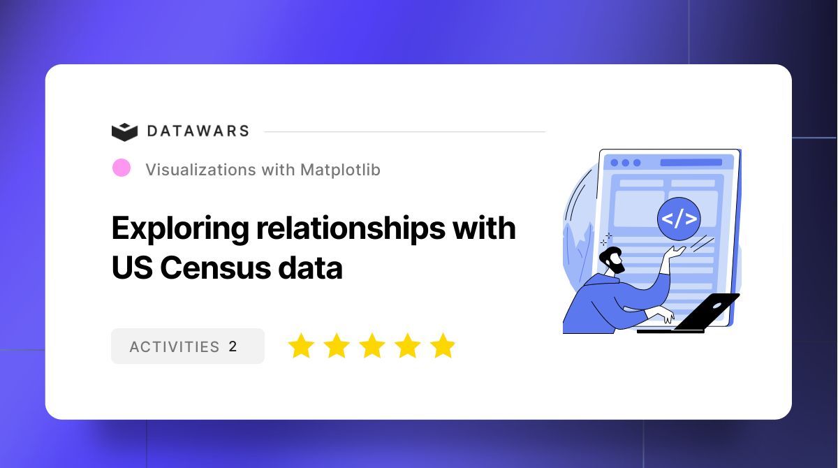 datawars_io's tweet photo. 🎉 Ready for a fun challenge? Dive into our new project: "Exploring relationships with US Census data"! 📊 

Visualize data using Matplotlib &amp; learn Data Science the fun way. Best part? It's FREE! 🚀

Join now: https://t.co/PnWAR0QBU4

#DataScience #Matplotlib #DataViz #DataWars https://t.co/yfEWtstQmo