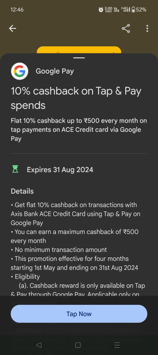 suhagkmaru's tweet photo. Google pay tap and pay still goin strong .
Add axis ace card in nfs enabled phone and you are good to go.
No minimum spend cretiria.
Only 500 per month per card.
Nice for offline shopping where tap and pay card are accepted.
#axisace
#creditcard
@iSatishAgarwal https://t.co/o8LLIyaHAi