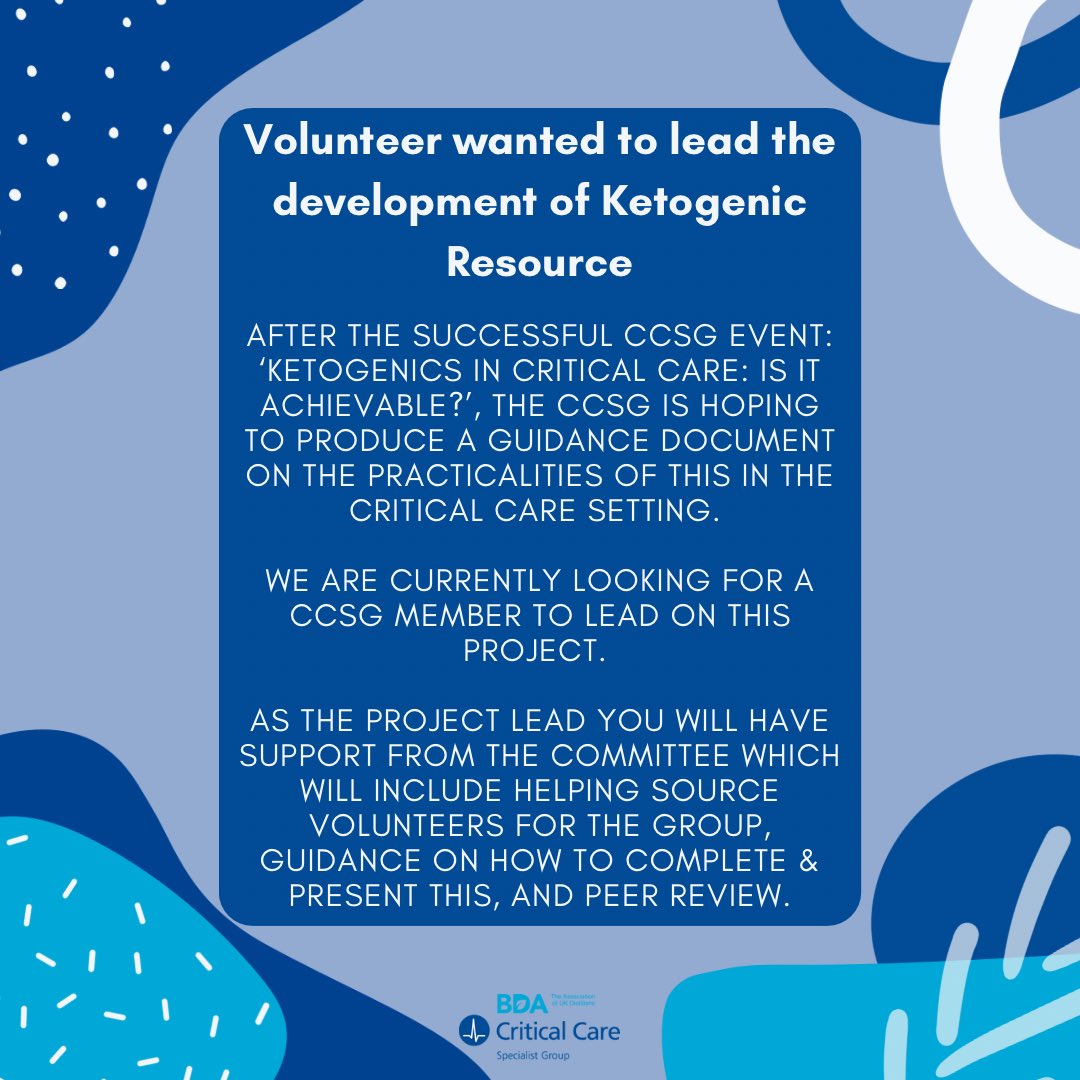Critical Care Specialist Group of @BDA_Dietitians (@bdacriticalcare) on Twitter photo 🫸Volunteering Opportunities for CCSG members🫷
See below for one to volunteer as a lead to develop a ketogenic resource!
If you are interested, please send an expression of interest listing your relevant experience to our email address: criticalcare@bda.uk.com 🫸Volunteering Opportunities for CCSG members🫷
See below for one to volunteer as a lead to develop a ketogenic resource!
If you are interested, please send an expression of interest listing your relevant experience to our email address: criticalcare@bda.uk.com