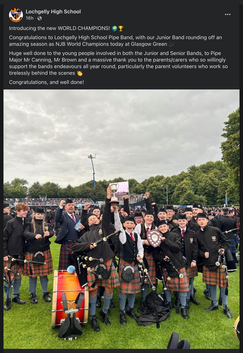 It happened!! Lochgelly High School Pipe Band! World Champions 2024. Congratulations to all involved. <a href="/thunderstruckgd/">The Thunderstruck Play</a> History repeating itself yesterday in Glasgow.