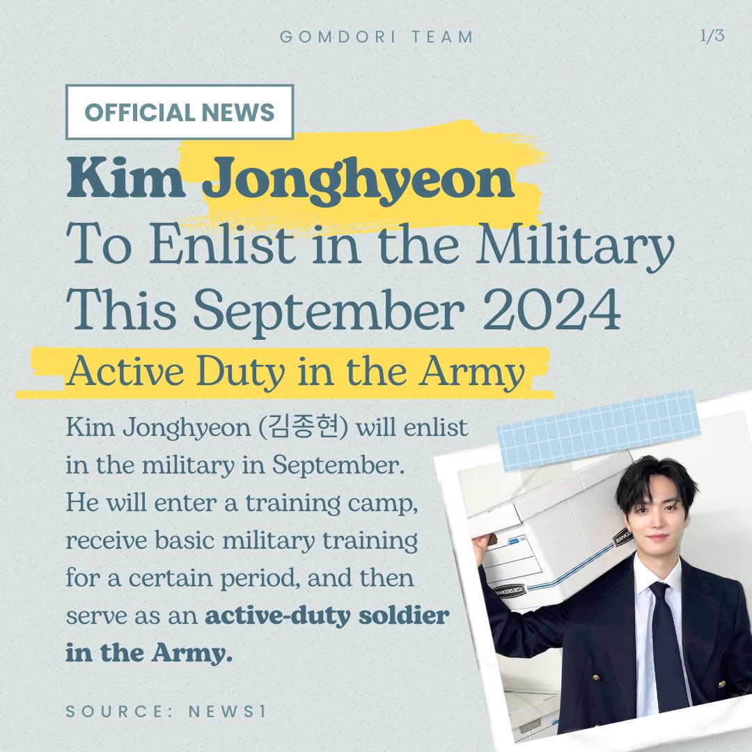 [NEWS] KIM JONGHYEON Enlists in the Military This September 2024 as active-duty soldier in the Army. 

📰 entertain.naver.com/article/421/00…

#KIMJONGHYEON #김종현 #JONGHYEON
