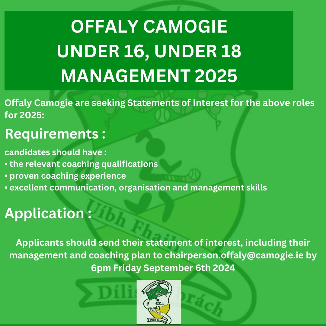 OffalyCamogie's tweet photo. ⭐️⭐️ We are seeking management for our Under 16 and Under 18 teams for 2025 ⭐️⭐️
Please see details below
#offlay #camogie https://t.co/PDrYEuaTVm