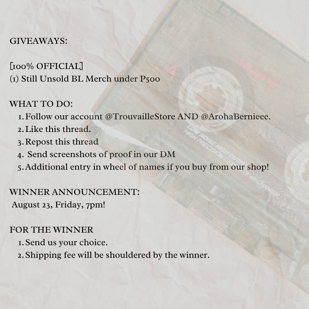 TrouvailleStore's tweet image. PH GIVEAWAY ALERT! 💗     

(1) Still Unsold BL Merch Under P500 [100% OFFICIAL]  
- YOUR choice      

Follow the mechanics in the pic below!   
Deadline for joining: August 22, Thursday, 7pm!

#BLmerch #BL #KoreanBL #TaiwaneseBL 
#ThaiBL #GMMTV