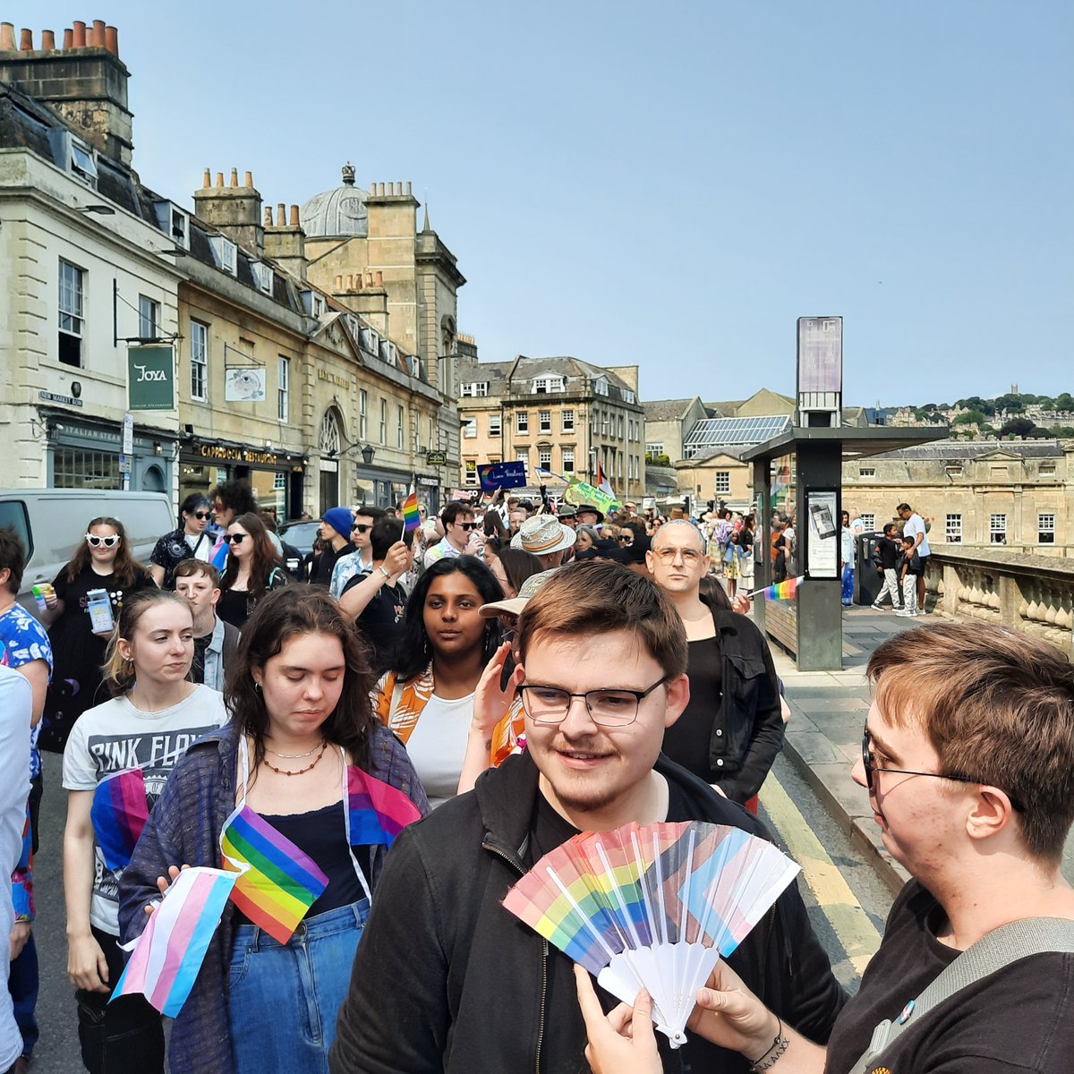 ClaireCopperman's tweet photo. What a wonderful, joyous turnout for the inaugural #BathPride. Well done to all the organisers and stewards 👏🏳️‍🌈🏳️‍⚧️ https://t.co/6PAZMDt3bp