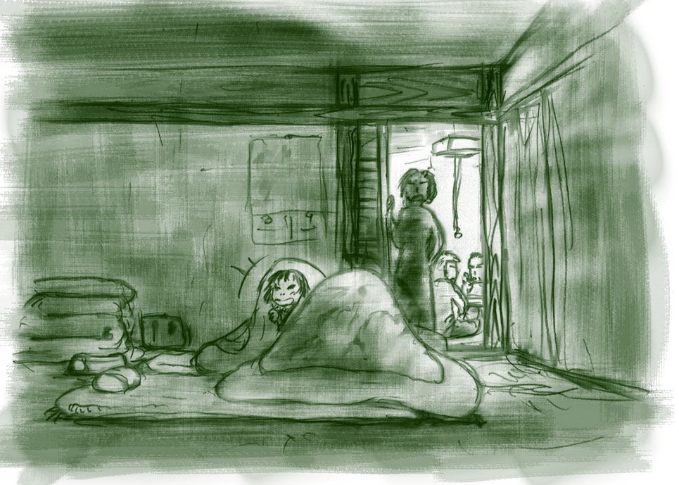 お盆休みの祖母の家で「早く寝なさい」と怒られる。古い家は廊下がなく引き戸を開けると隣の部屋。大人達が難しい話をしている印象だったが今考えると単なる兄弟喧嘩。